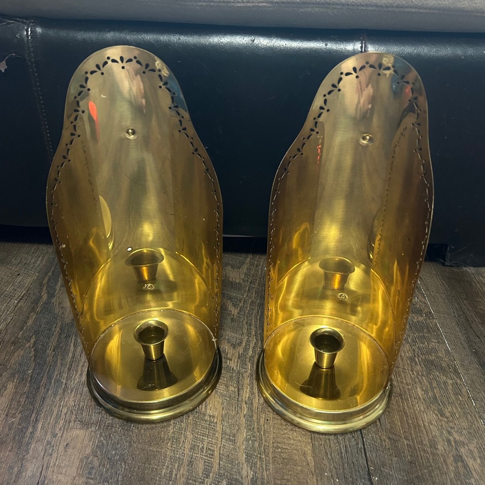 Vintage Hallmark Candles Brass Wall Sconce Pair Pierced Floral Gold Tone 12"